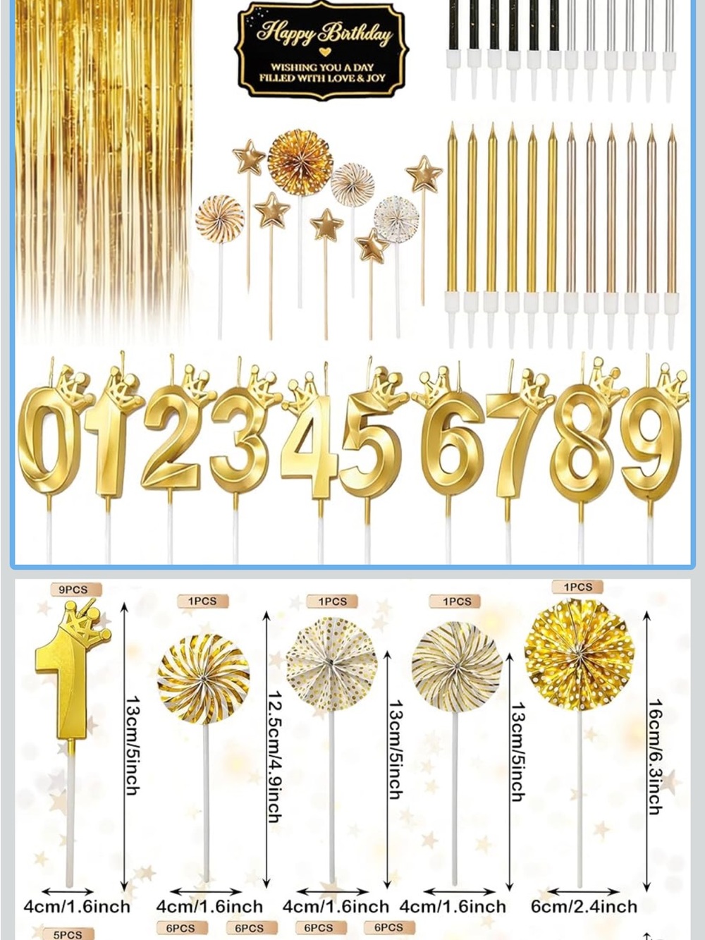 Gold Birthday Number Candle Set with Cake Toppers and Sparklers